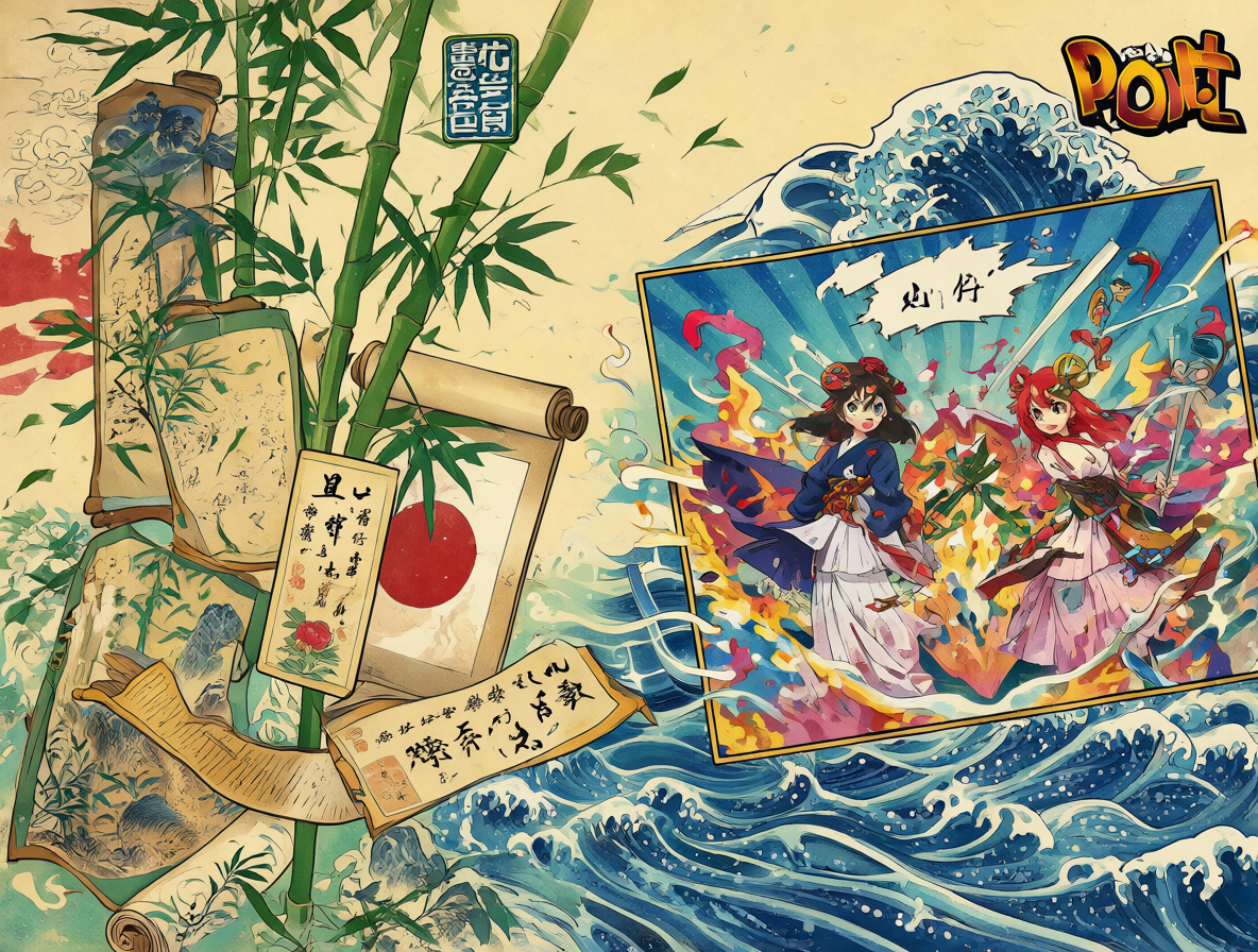 Ilustración conceptual mostrando la fusión entre tradiciones japonesas antiguas e influencias occidentales modernas en el arte del manga.