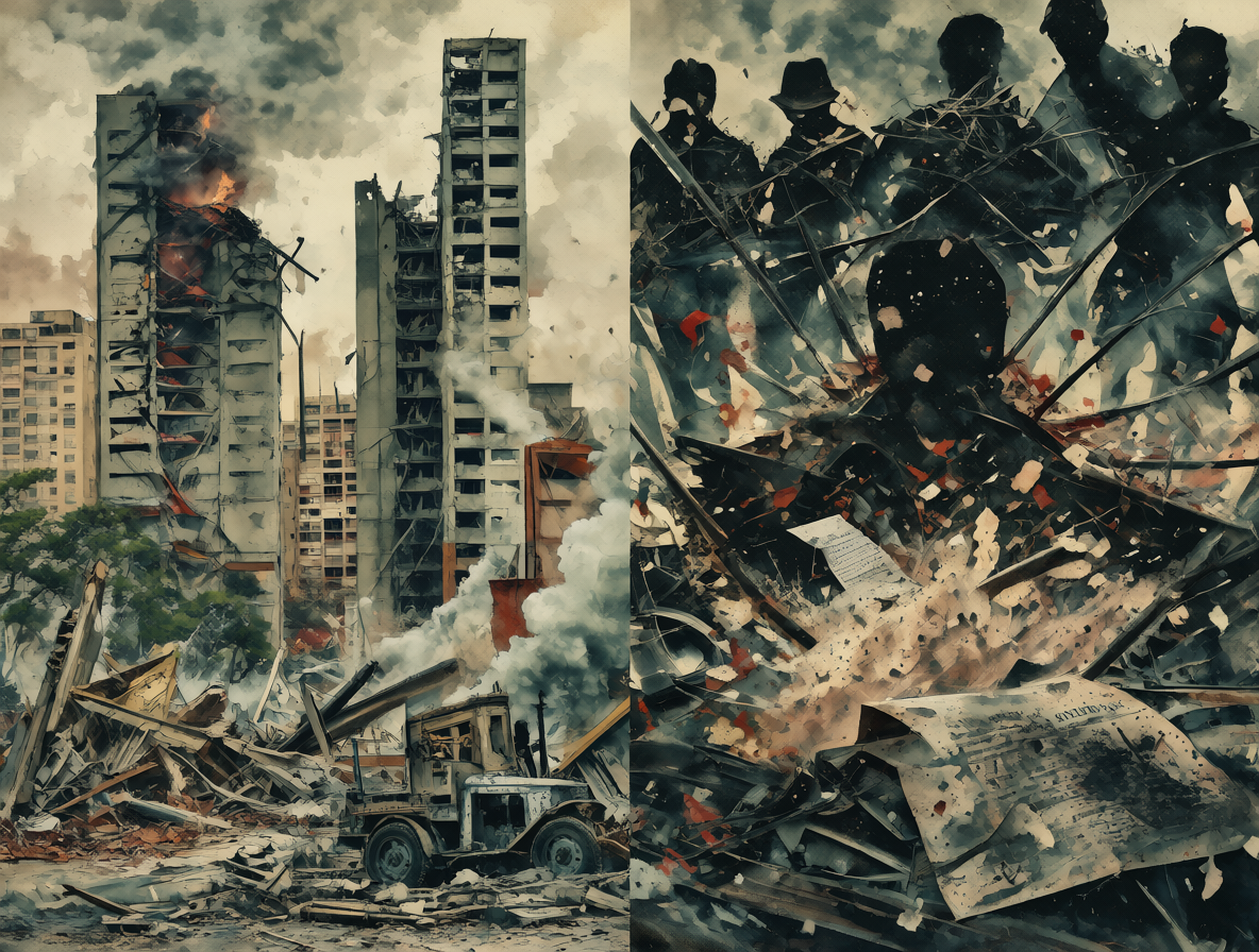 Imagen que contrasta la destrucción física de infraestructuras con el costo político y económico de la corrupción gubernamental.