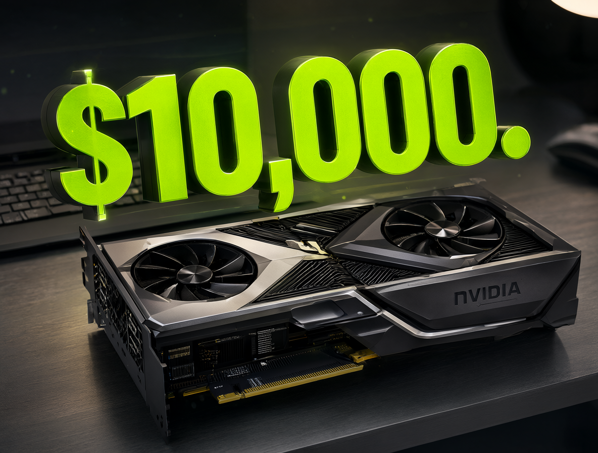 Tarjeta gráfica NVIDIA RTX Pro 6000 Blackwell con una etiqueta de precio flotante