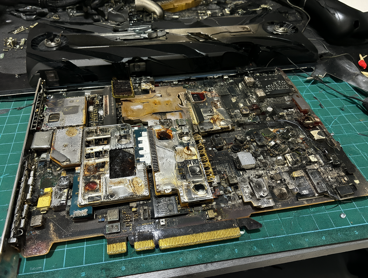 Tarjeta gráfica RTX Pro 6000 abierta mostrando componentes dañados
