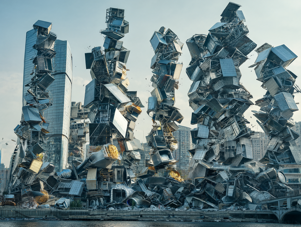 Ilustración conceptual de una metrópolis futurista donde los edificios de cristal se disuelven en formas de píldoras y paquetes de comida ultraprocesada, simbolizando un cambio estructural en el mercado.