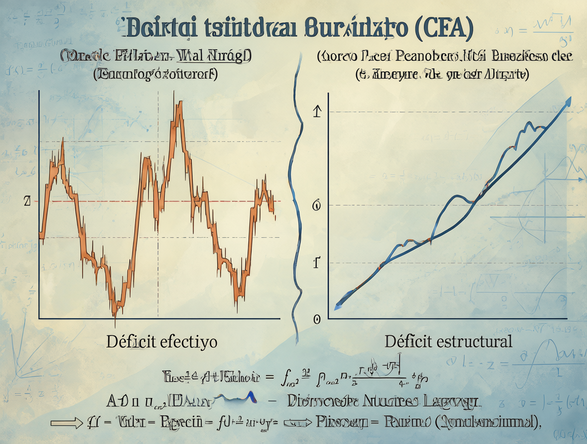 Gráfico financiero complejo mostrando los conceptos de déficit efectivo y estructural con precios del cobre y PIB tendencial.