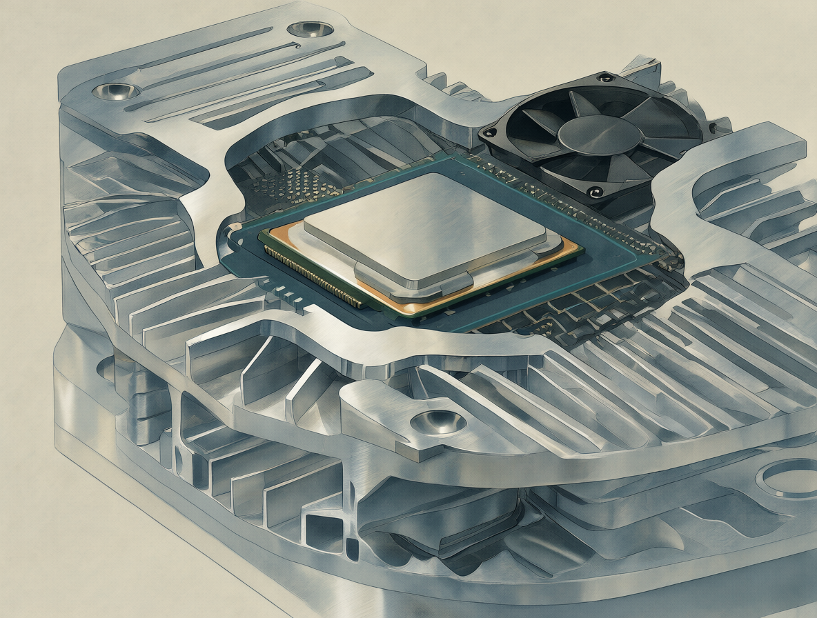 Ilustración técnica de un procesador Intel Celeron 847 sobre un disipador pasivo con un pequeño ventilador de 5V al lado.