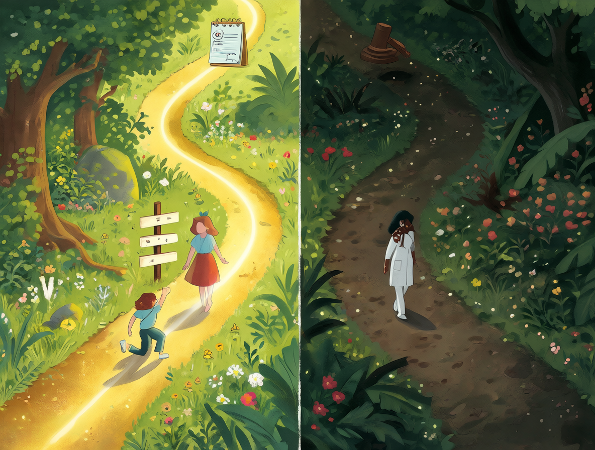 Ilustración dividida mostrando dos caminos: uno brillante para el diagnóstico formal con protecciones legales, y otro oscuro para el manejo privado sin etiquetas.