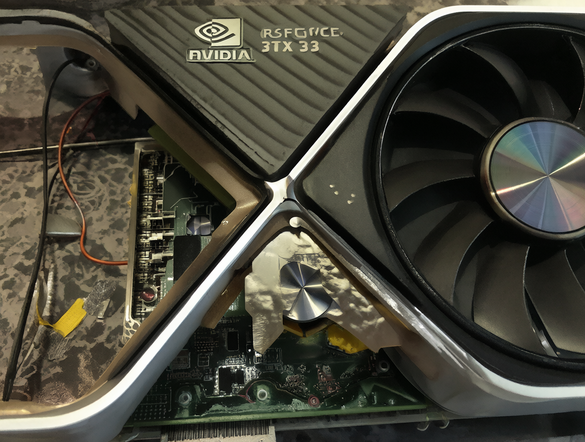 Una tarjeta gráfica NVIDIA GeForce RTX 3090 vista en primer plano, mostrando sus componentes internos tras retirar el disipador.