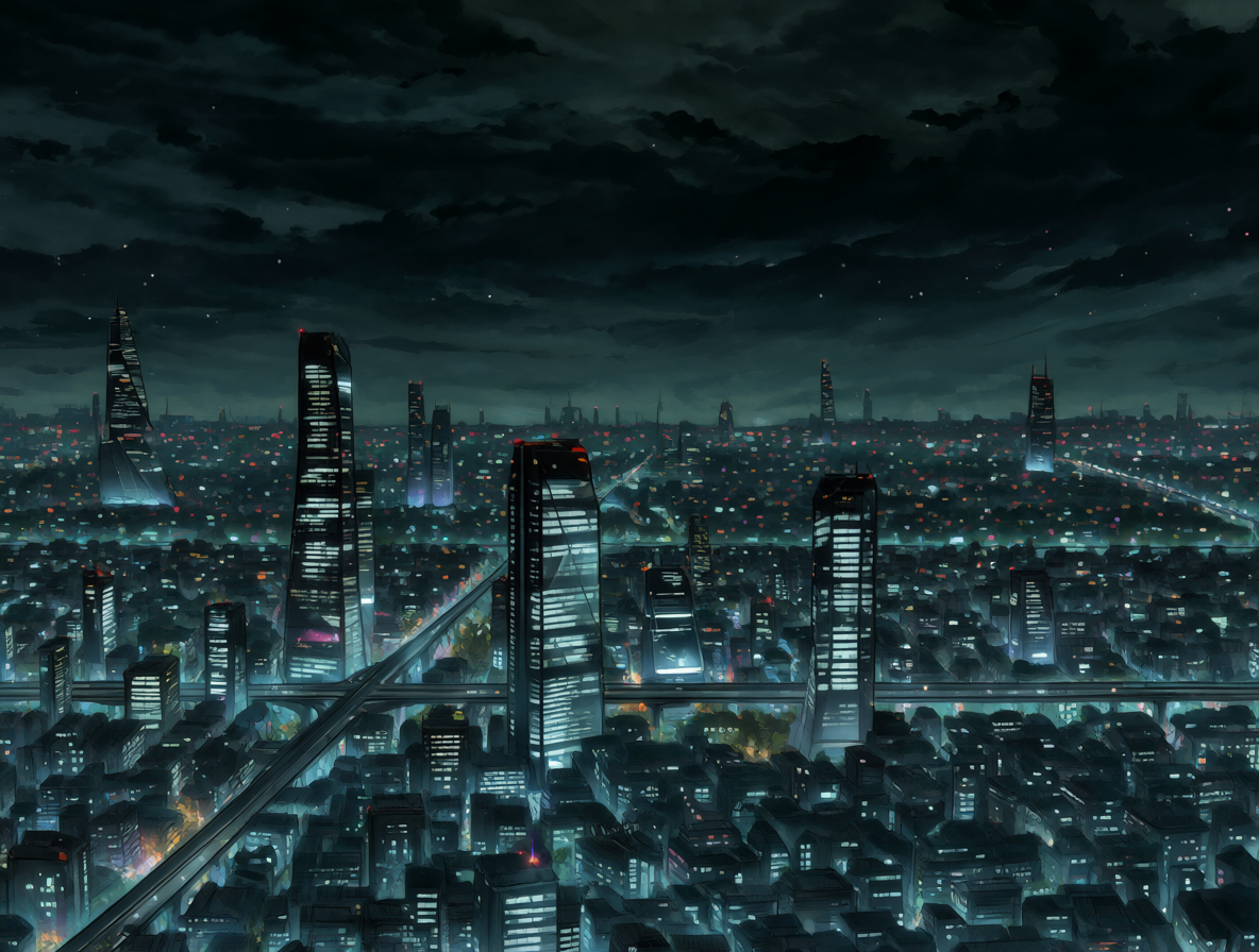 Ciudad futurista iluminada por luces neón en un corto de anime