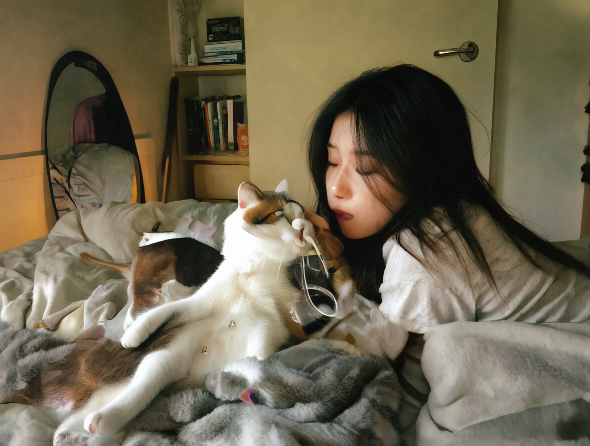 Chica joven con su gata en un interior cálido