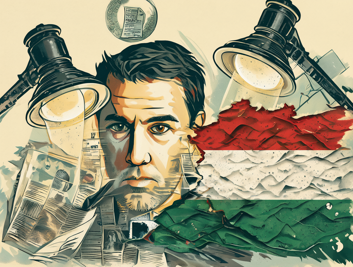Retrato estilizado de José Antonio Kast junto a símbolos de Hungría y documentos de investigación legal.