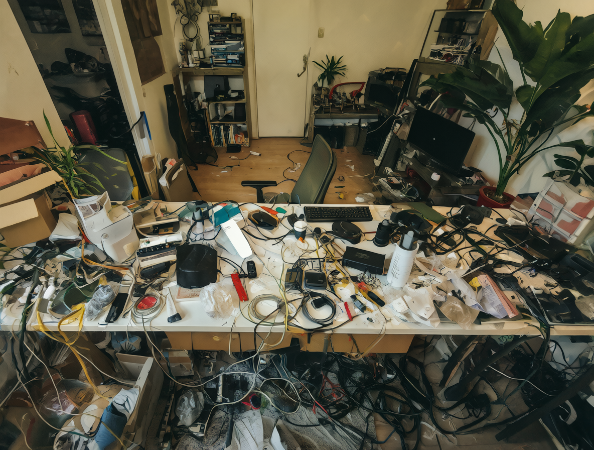 Cluttered home office desk with bulky equipment