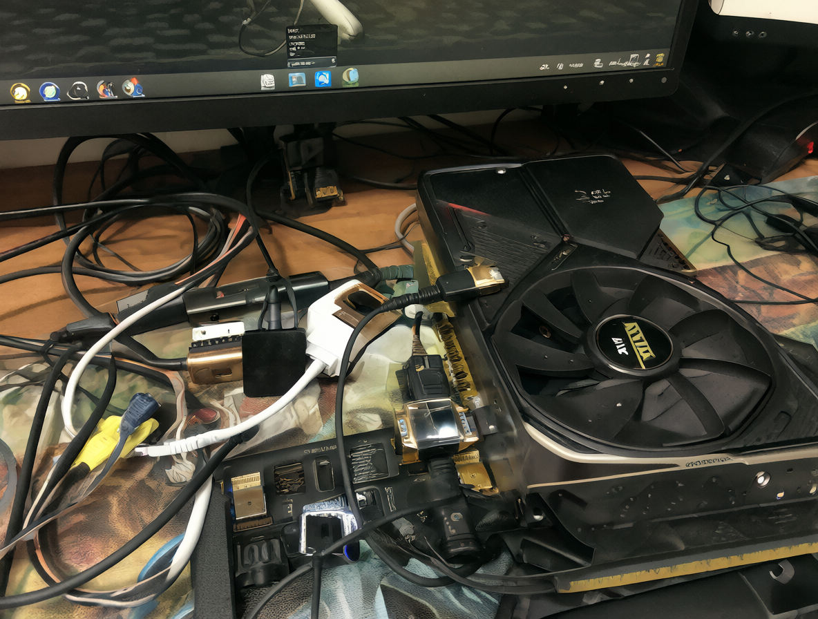 Close-up view of the messy cable connections between a modern GPU and an old VGA monitor on a desk.