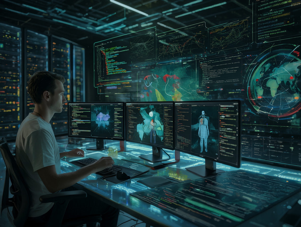 Un entorno de trabajo digital donde un desarrollador revisa código mientras una interfaz de IA analiza vulnerabilidades y rendimiento.