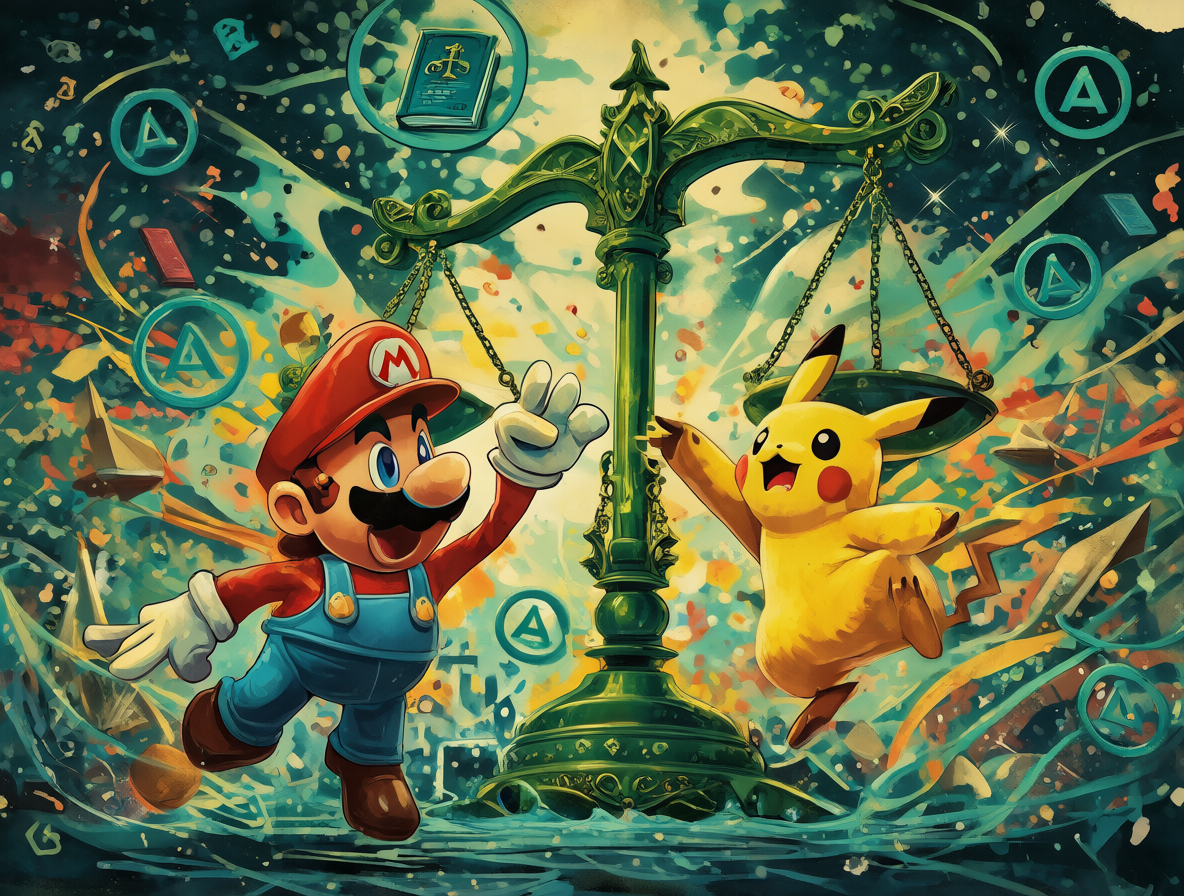 Ilustración conceptual mostrando personajes icónicos de Nintendo rodeados de iconografía legal que representa la protección del copyright y las marcas registradas.