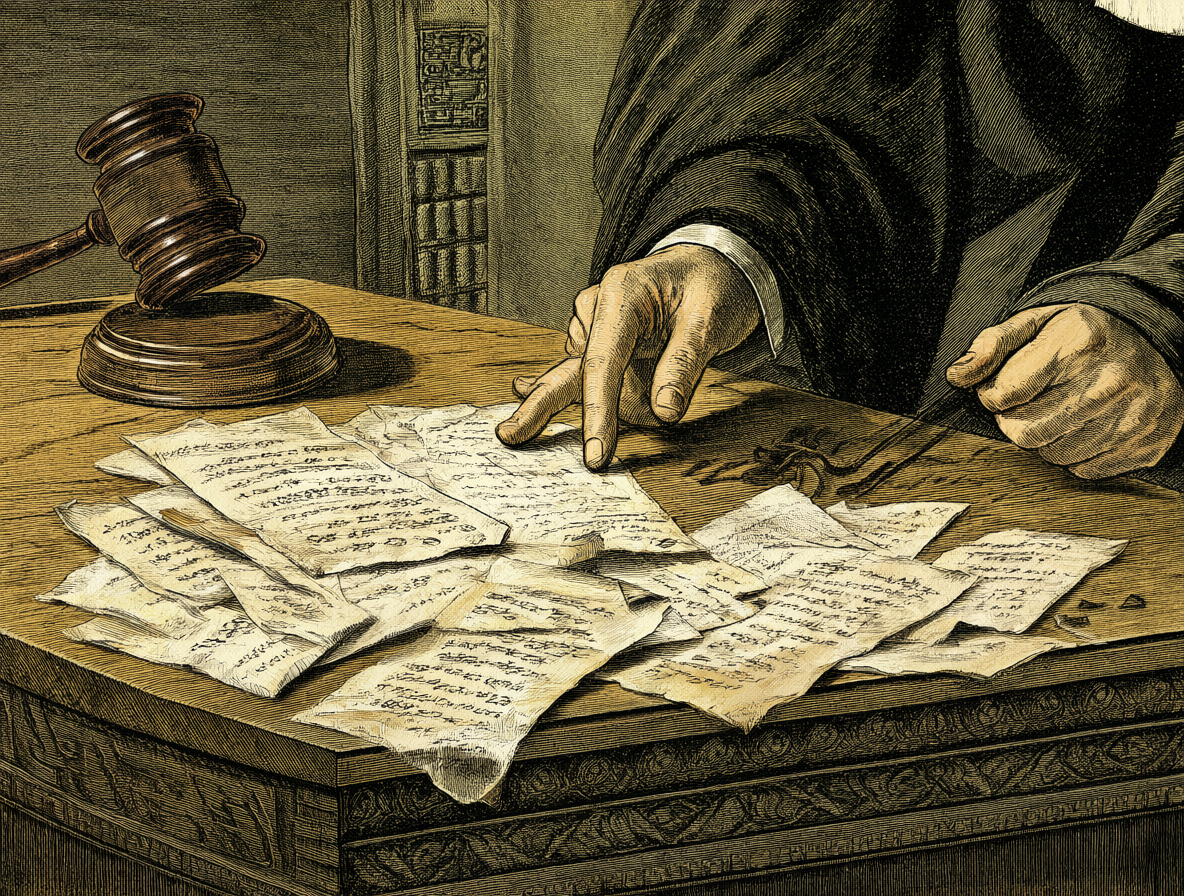 Un tribunal antiguo con un juez golpeando su martillo y documentos legales rotos