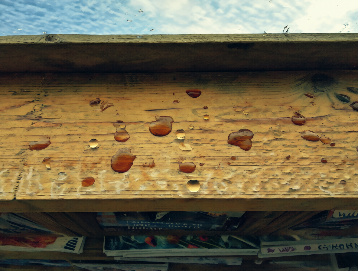 Repisa de madera con revistas y manchas marrones