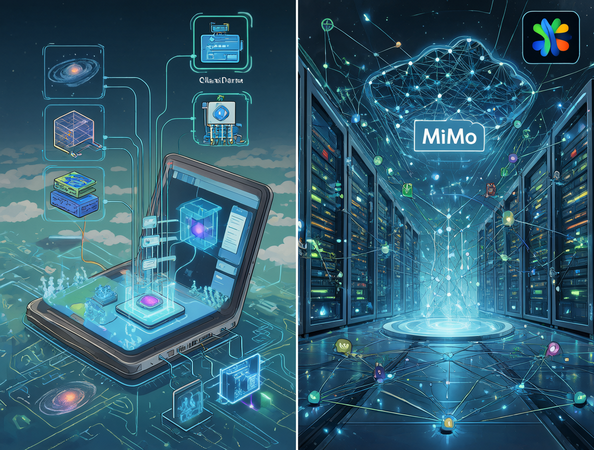 Comparativa visual entre herramientas de IA local y modelos cloud como MiMo 2.5 Pro.