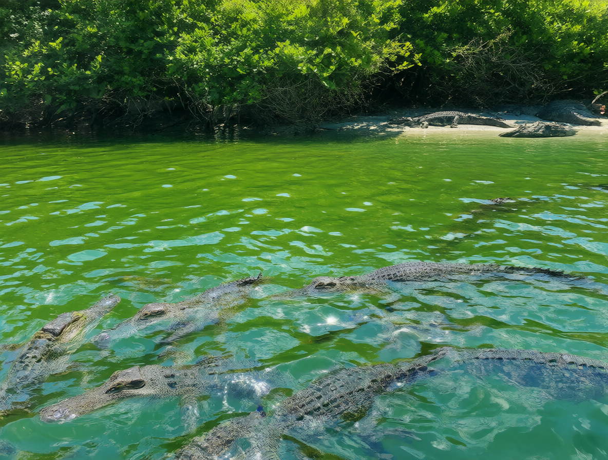 Vista panorámica de un ecosistema acuático en Florida con caimanes y cocodrilos.