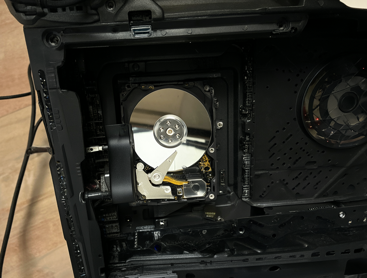 Imagen de una PC con un case USB conectado, mostrando el disco duro interno.