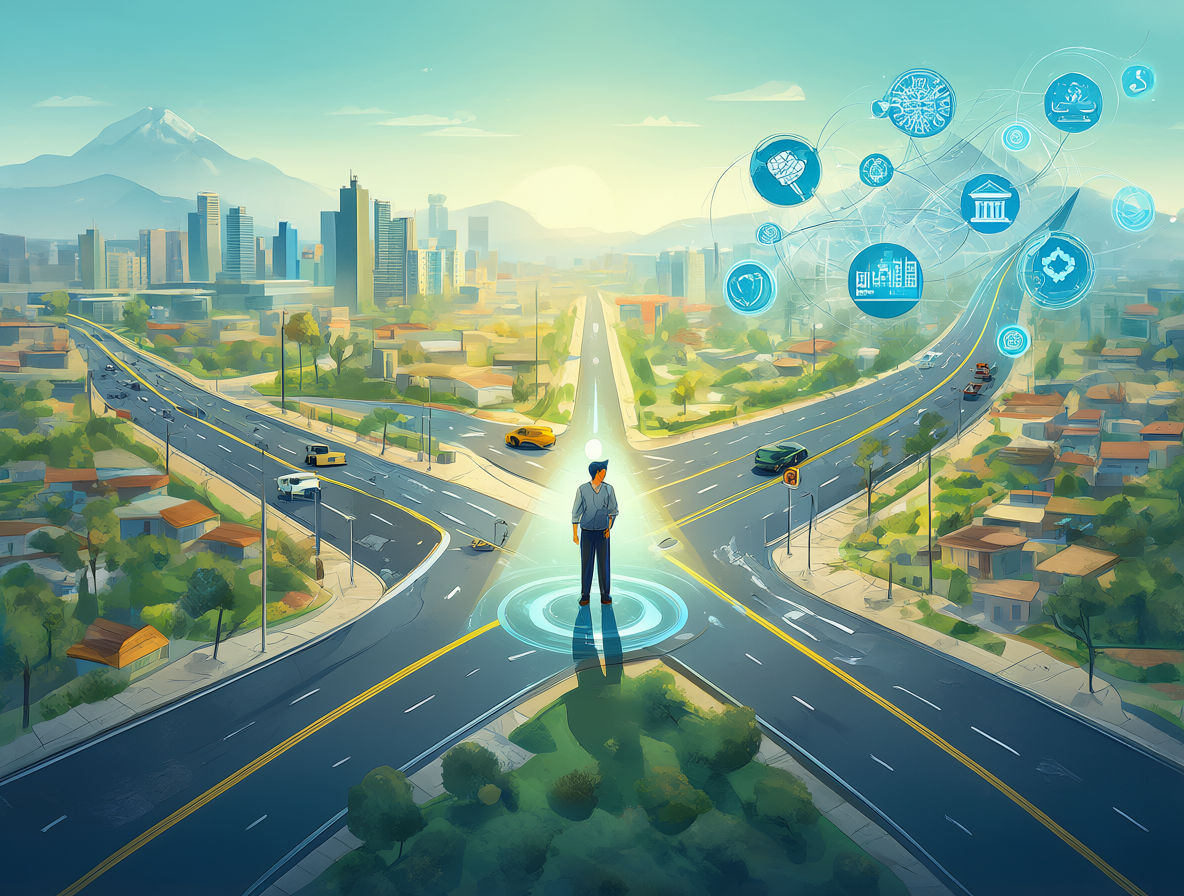 Ilustración de un profesional técnico eligiendo entre el trabajo freelance tradicional y una estrategia basada en inteligencia artificial para crecer su negocio.