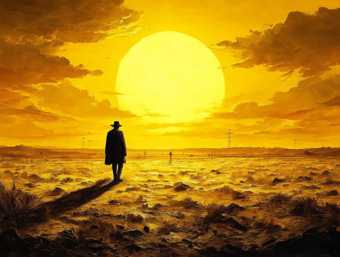 Ilustración artística de un paisaje desértico bajo una luz solar intensa, con una figura solitaria que representa el aislamiento y la indiferencia.