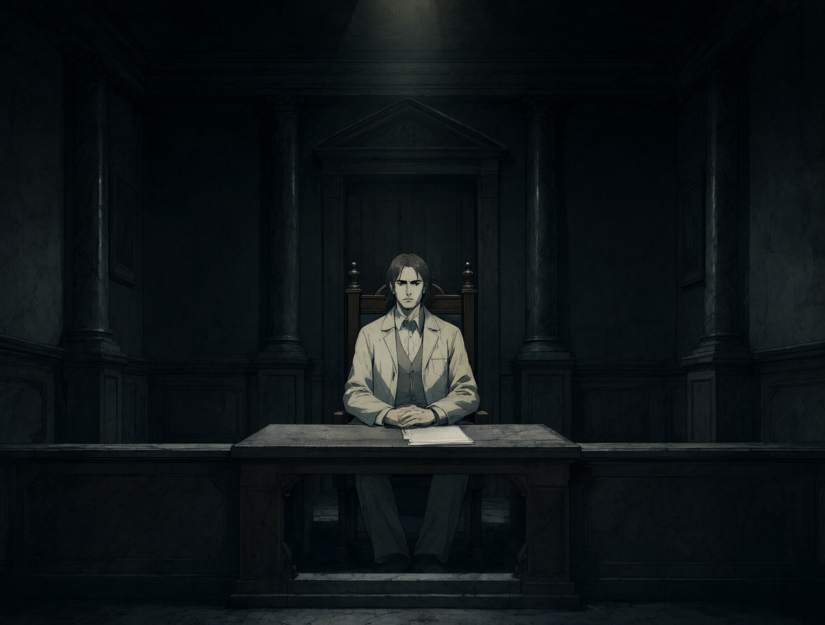 Ilustración de un tribunal vacío con Meursault en el centro, transmitiendo una sensación de juicio social y desconexión moral.