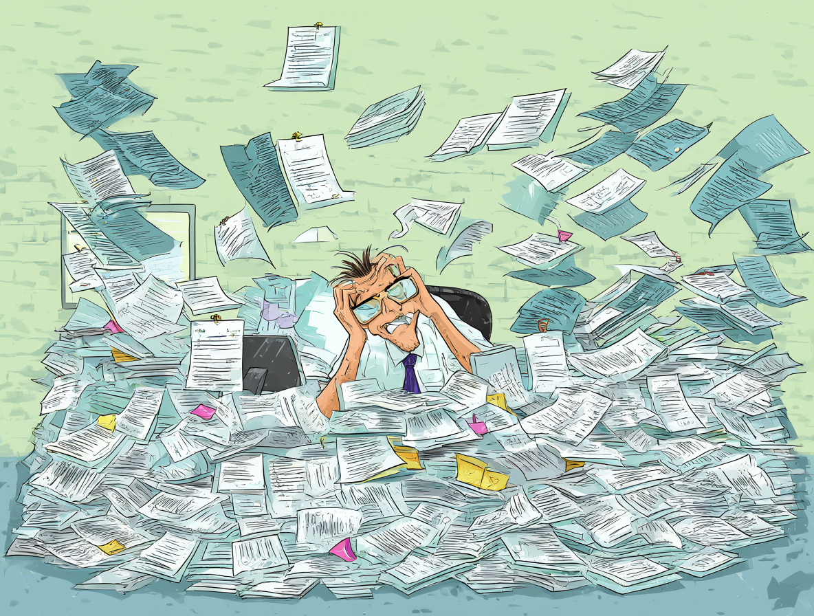 Ilustración de un desarrollador frustrado en su oficina rodeado de papeles y código, simbolizando la tensión laboral.