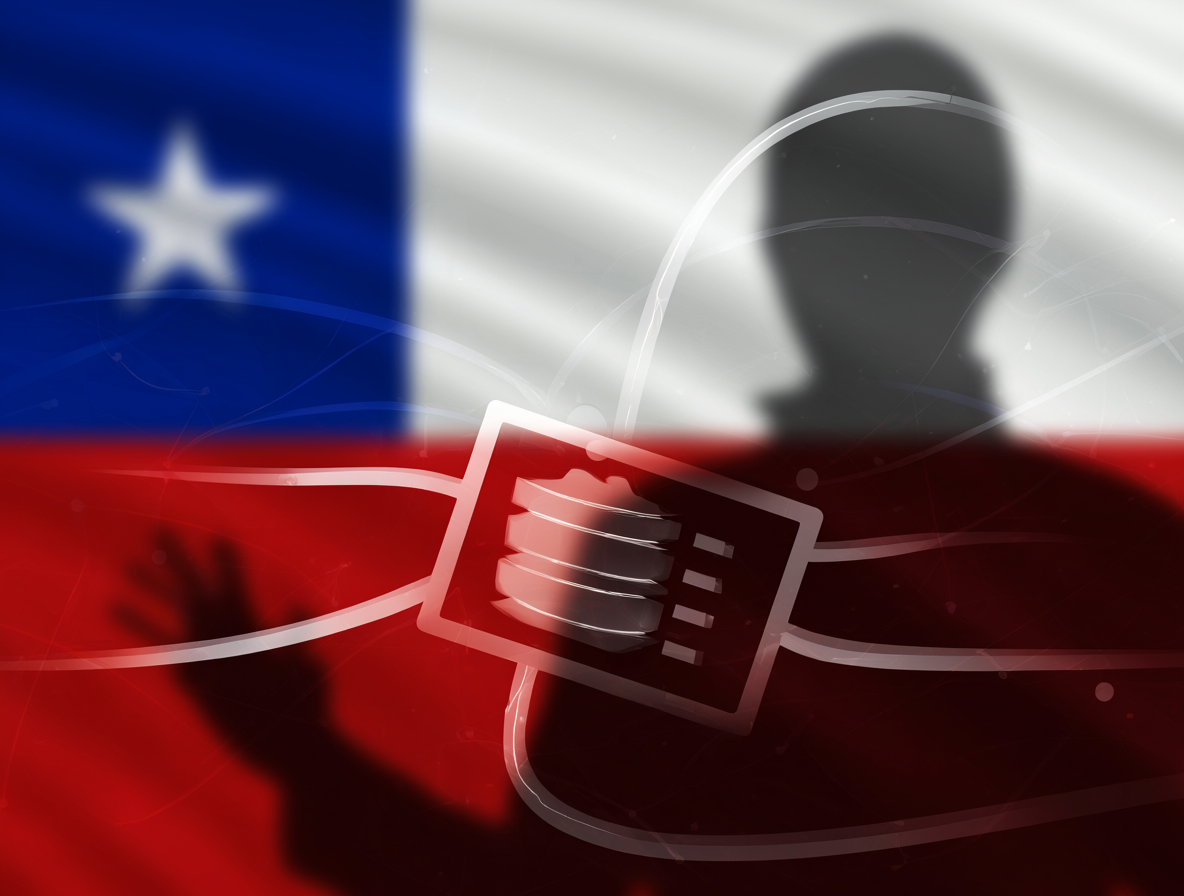 Ilustración conceptual de una identidad digital con conexiones de base de datos y elementos del RUT chileno