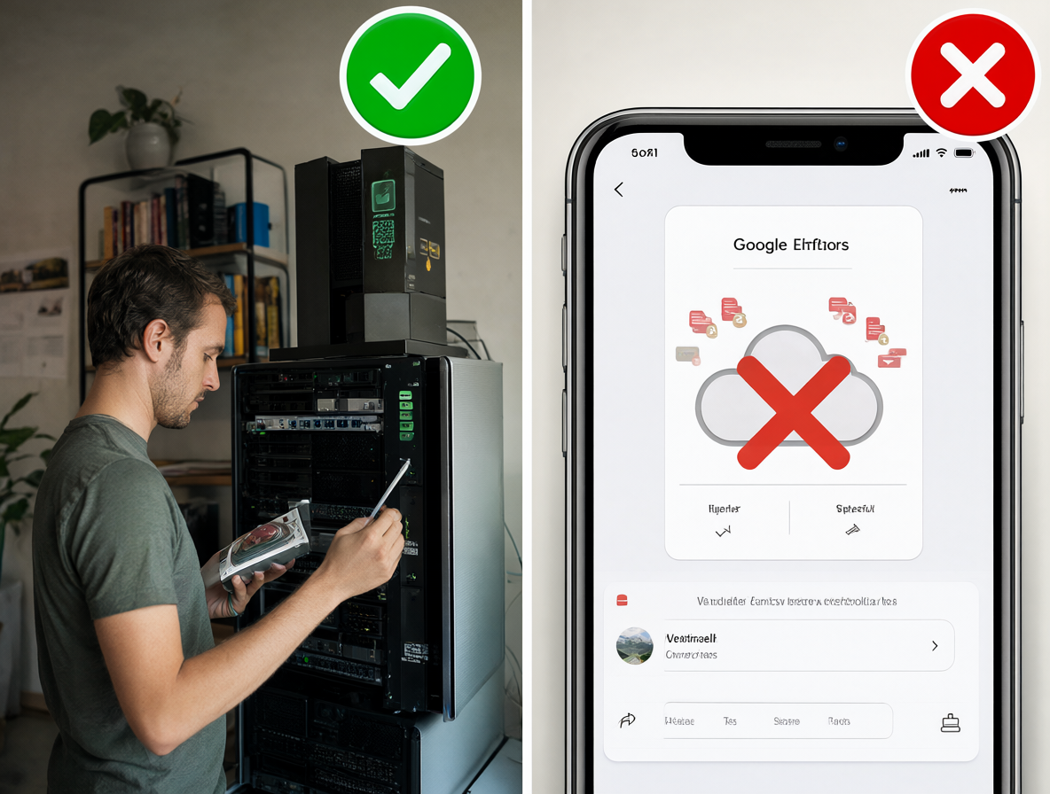 Imagen mostrando la diferencia entre usar un servidor propio para las fotos y depender de una app de terceros.