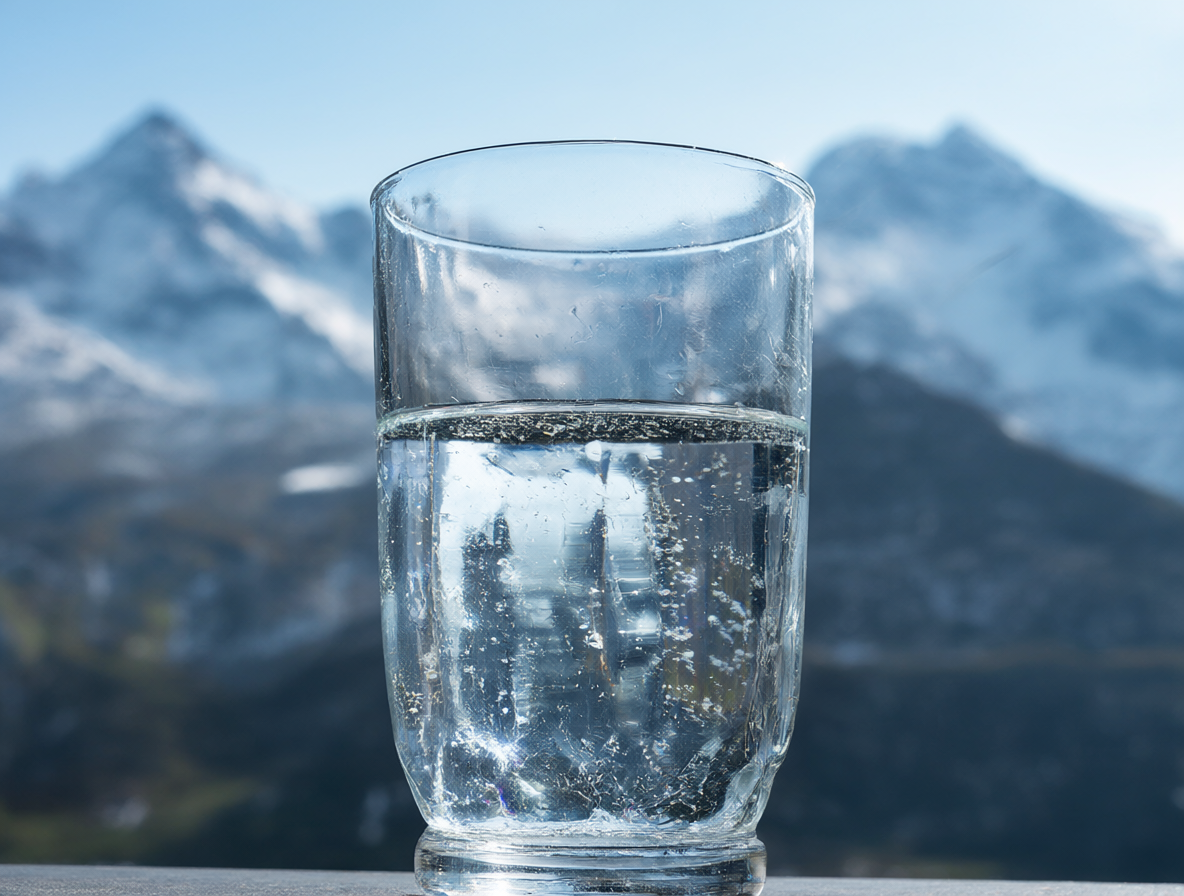 Un vaso de agua cristalina frente a picos nevados, representando la pureza del agua potable chilena.