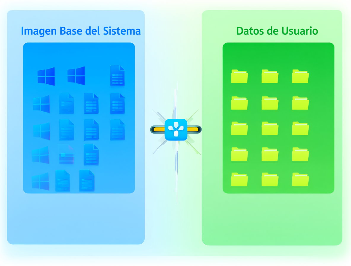 Diagrama técnico mostrando la separación entre una partición azul para el sistema y una verde para los datos de usuario.