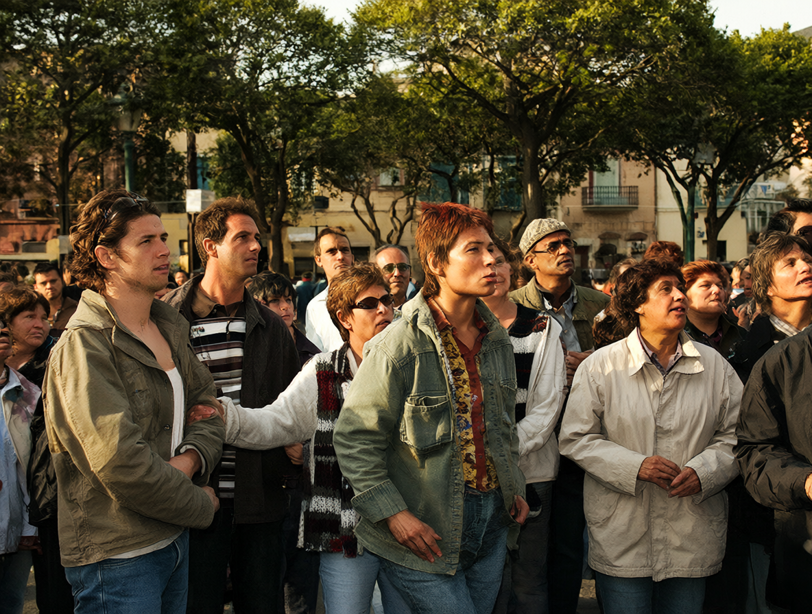 Grupo de personas celebrando en un parque mientras miran una transmisión, ilustrando la conexión social previa a la era digital.