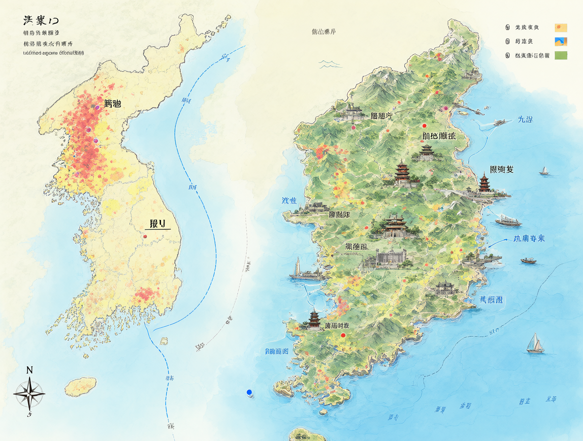 Mapa ilustrativo de Corea del Norte y del Sur mostrando su división actual y una proyección de reunificación.