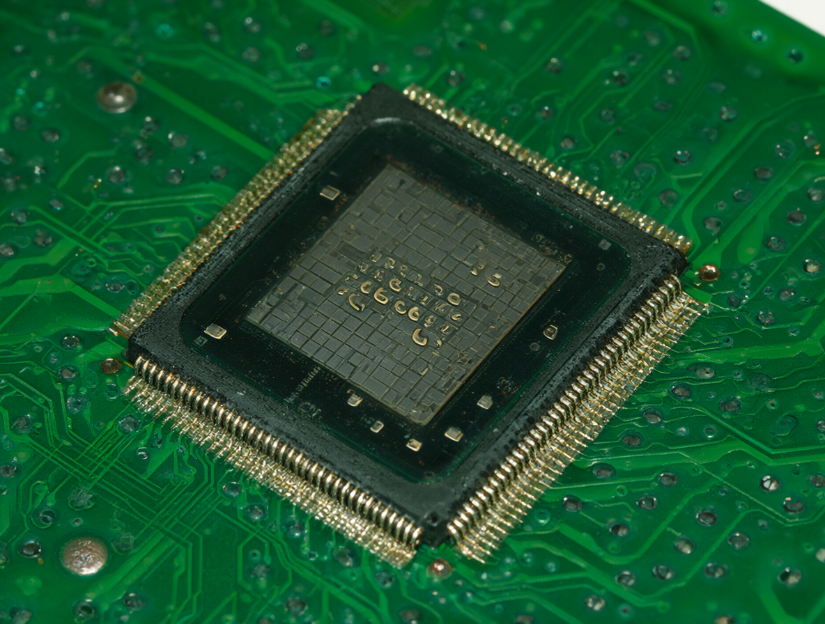 Imagen macro de un chip electrónico H5TQ2G63FFR sobre una placa de circuito impreso verde con componentes electrónicos.