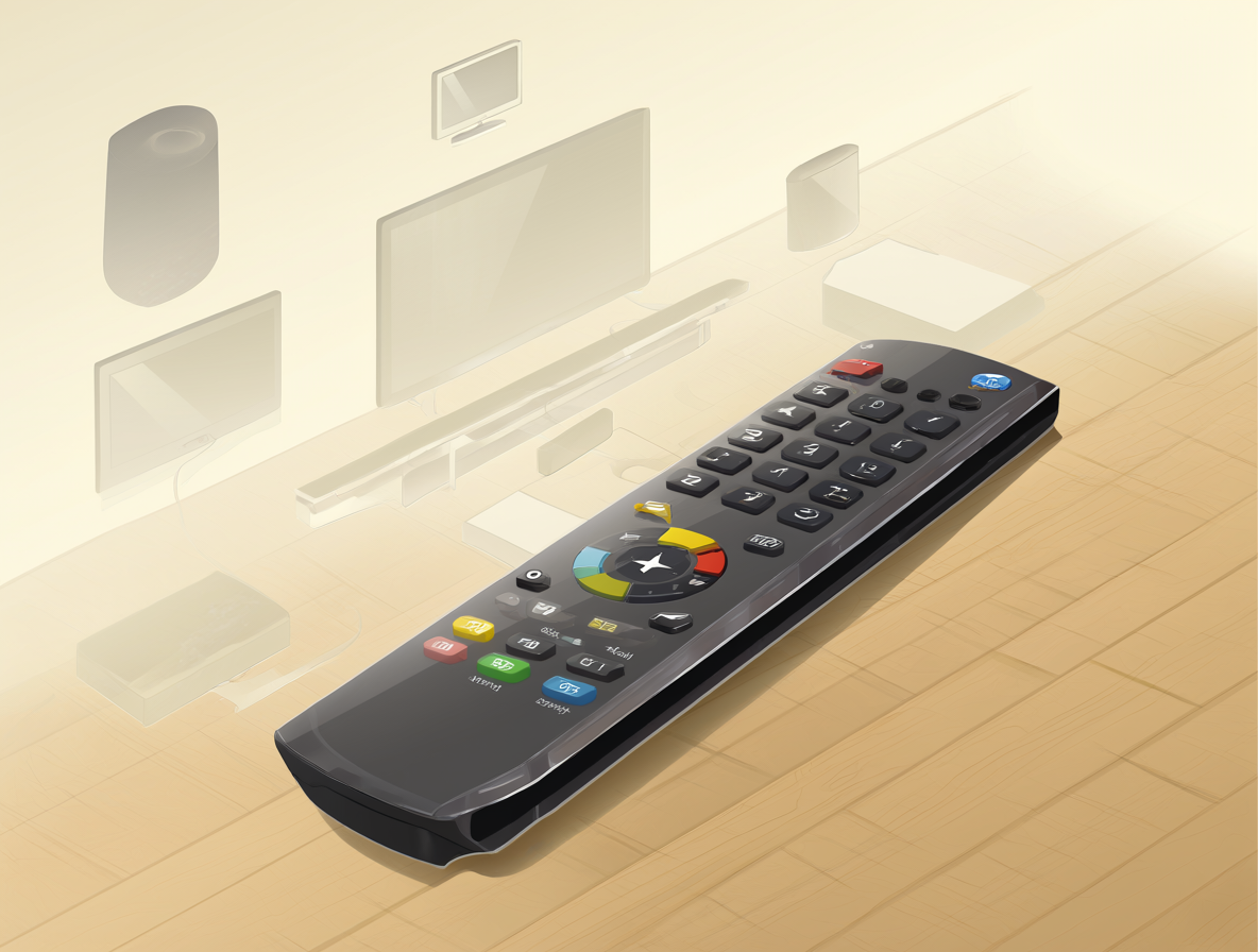Control remoto universal sobre una mesa con siluetas de dispositivos alrededor