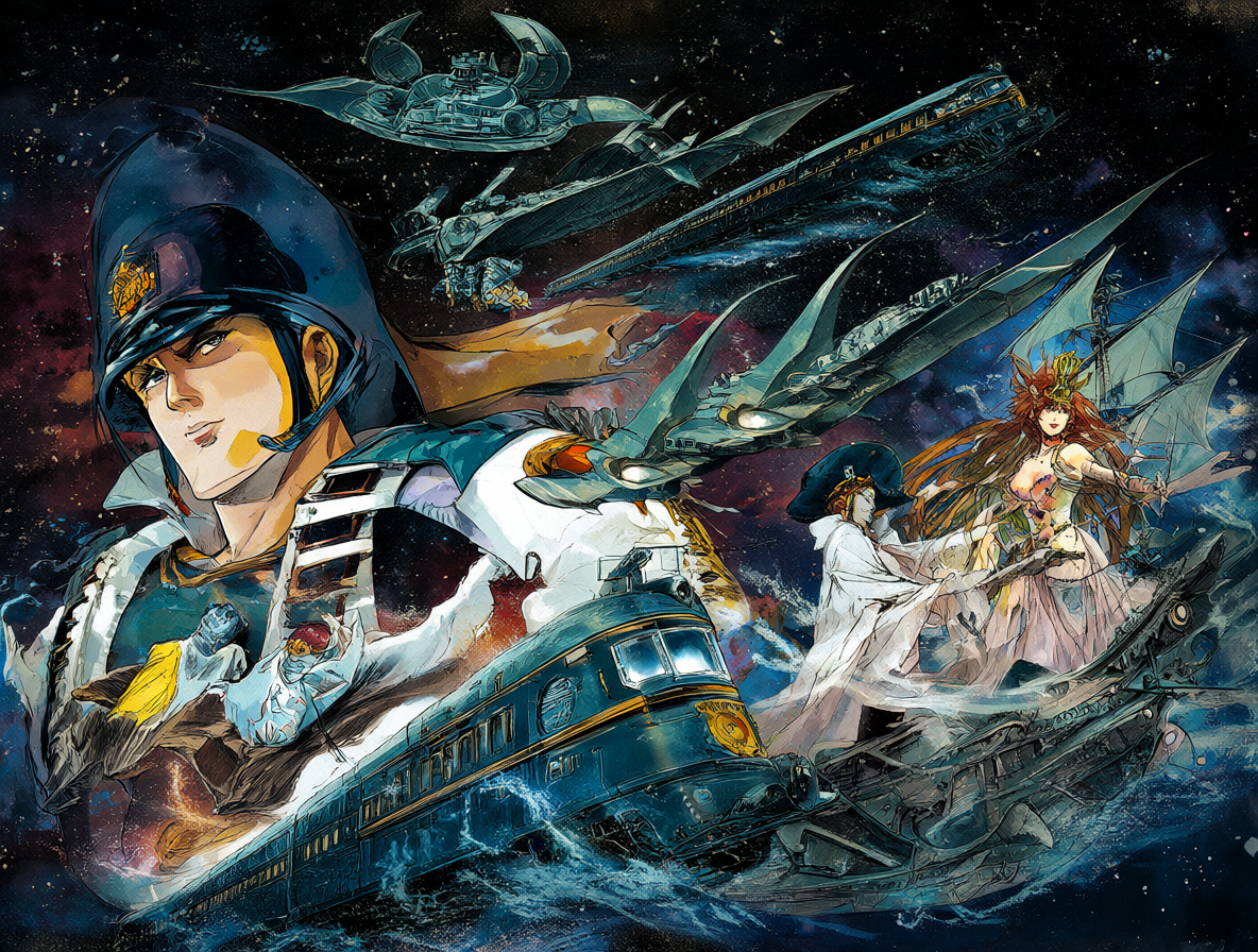 Colección de imágenes de Captain Harlock, Maetel y Queen Emeraldas en un espacio cósmico.