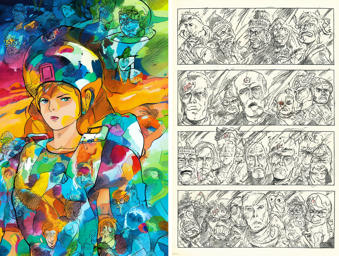 Comparación visual entre la estética condensada de la película y las páginas detalladas del manga de Nausicaä