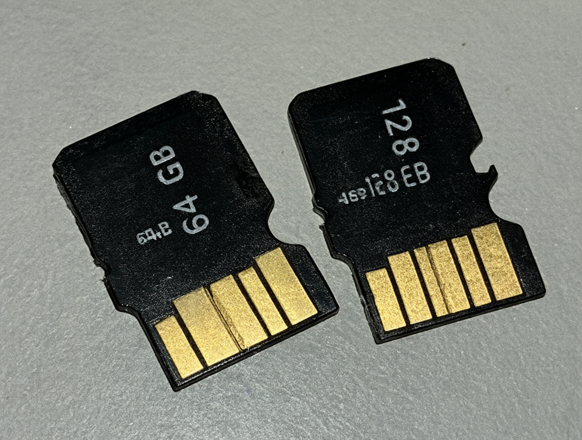 Dos tarjetas microSD físicas, una de 64GB y otra de 128GB, destacando su tamaño físico.