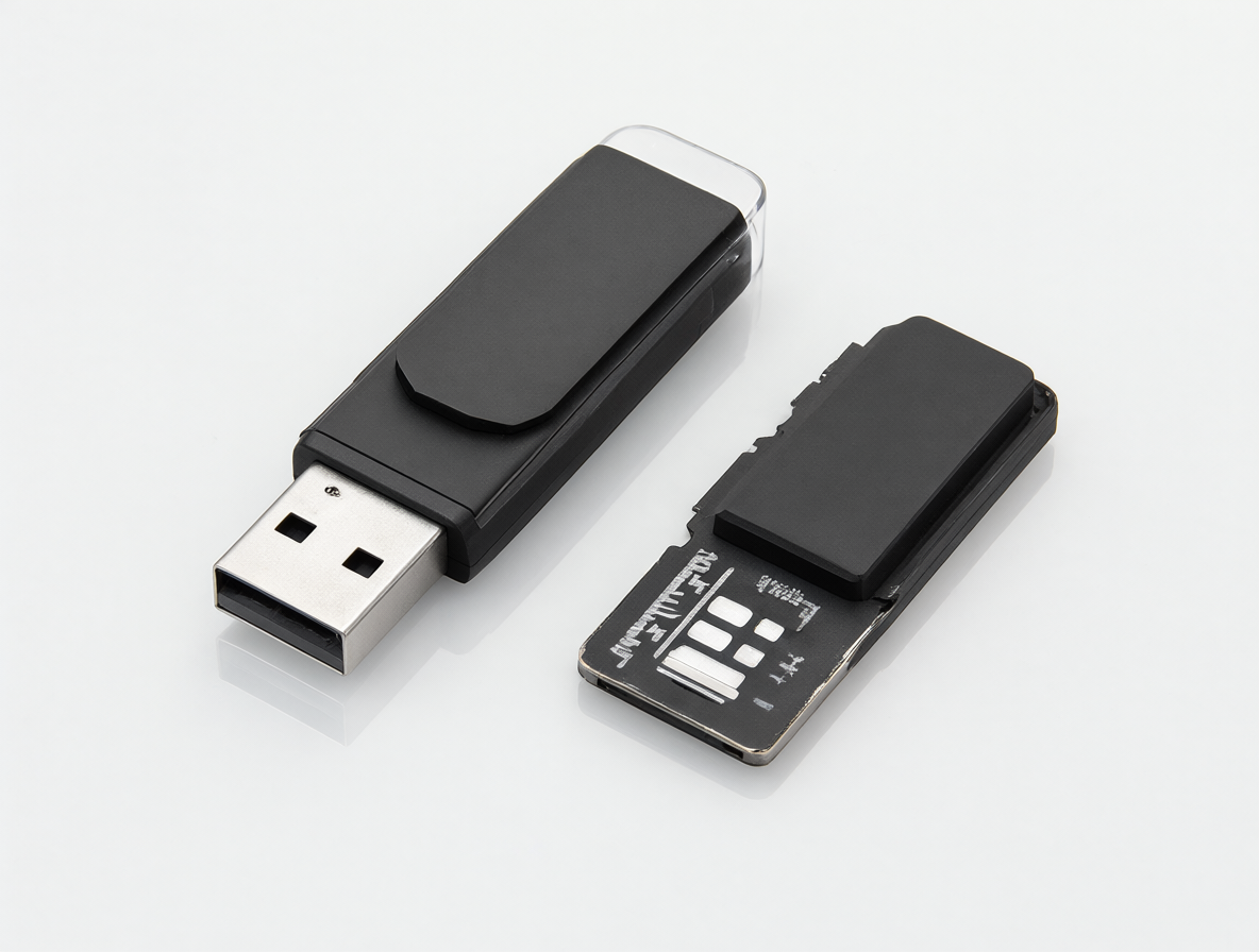 Ilustración comparativa de un pendrive USB y una tarjeta microSD con su adaptador sobre una mesa.