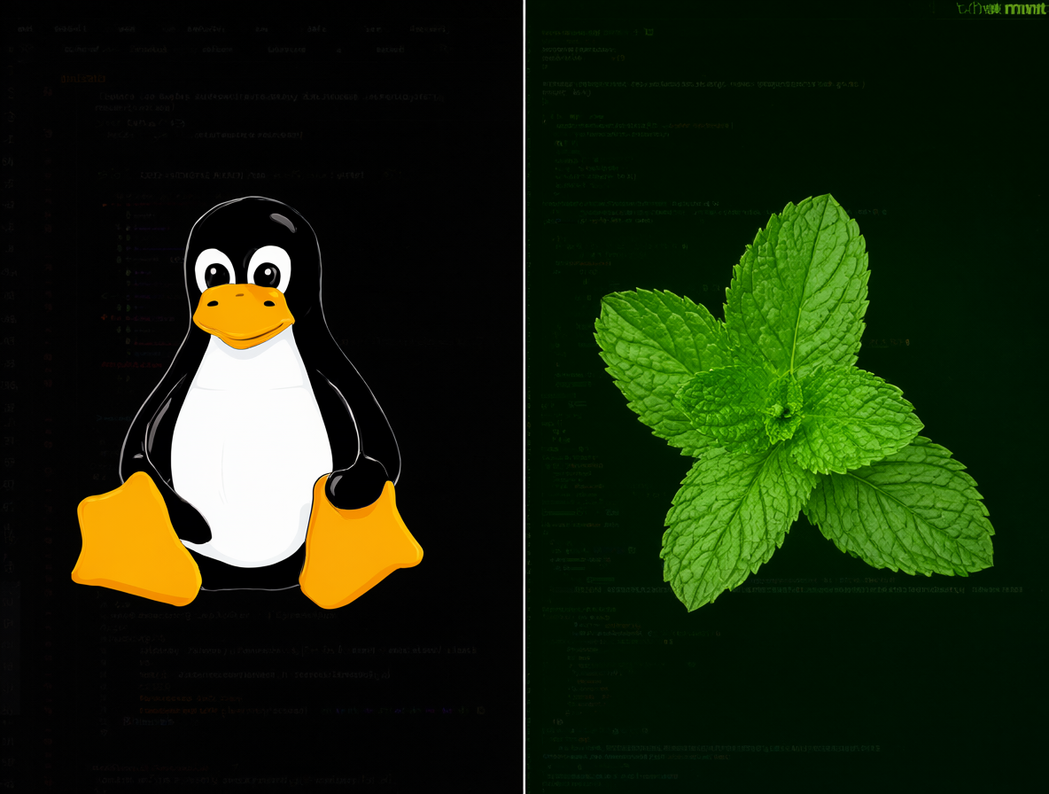 Imagen comparativa entre los logos de Ubuntu y Linux Mint sobre un fondo de código.