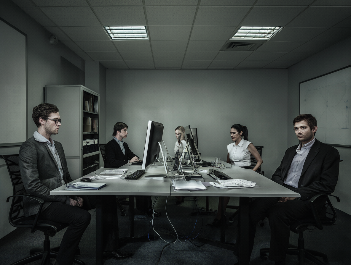 Sala de oficinas gris y tensa donde las personas evitan mirarse entre sí.