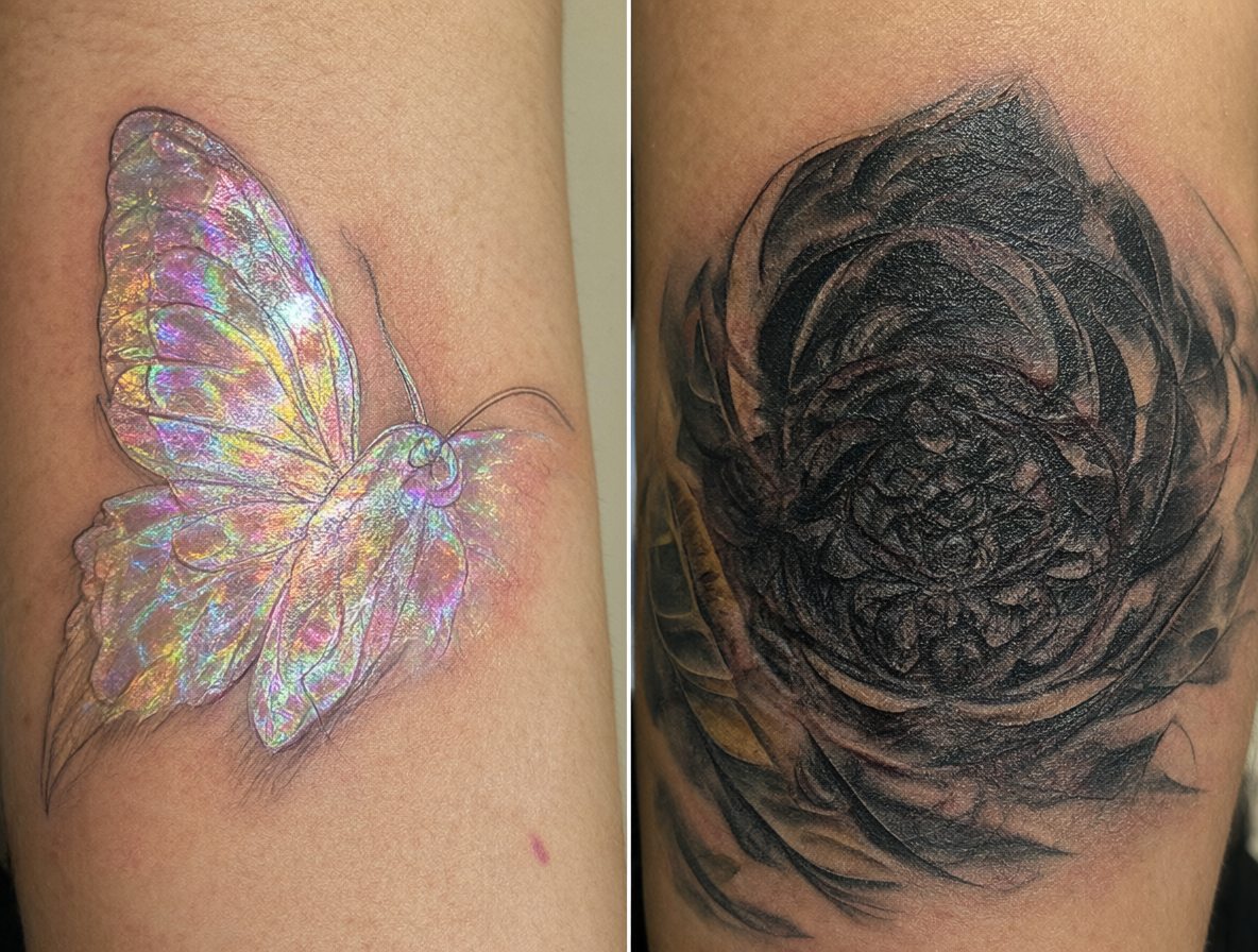 Comparativa entre tatuajes temporales que se desvanecen y tatuajes permanentes integrados en la piel.