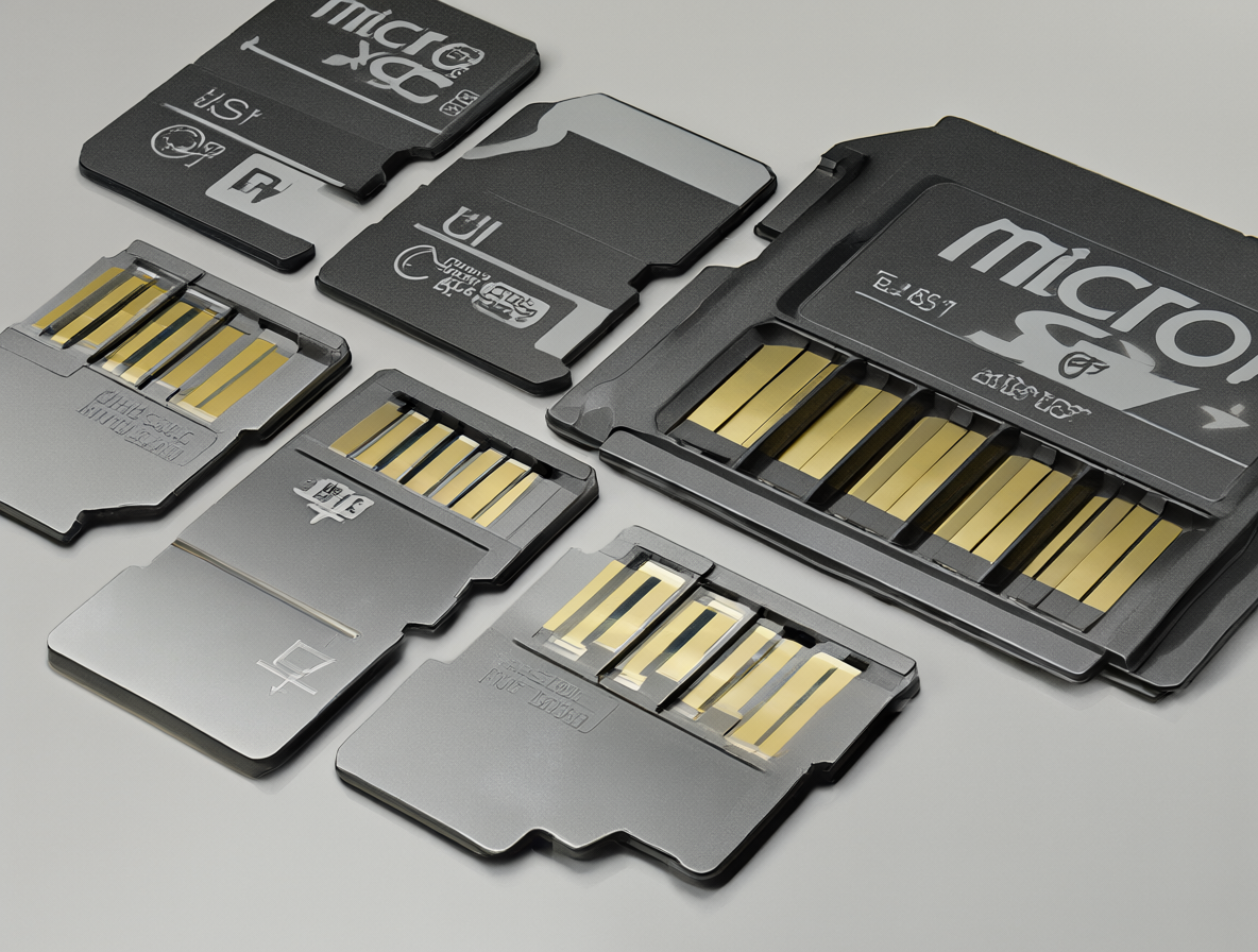 Detailed technical close-up of various microSD card types with visible labels like microSDXC, UHS-I, Class 10, U1, and A2, highlighting the metallic contacts at the bottom.