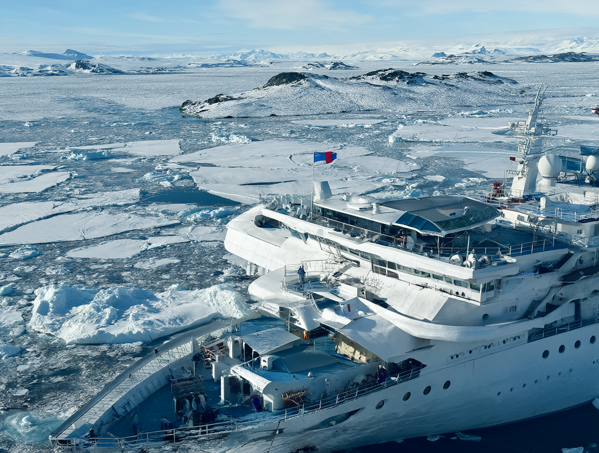 Crucero blanco navegando por hielo, personal médico inspecciona el muelle.