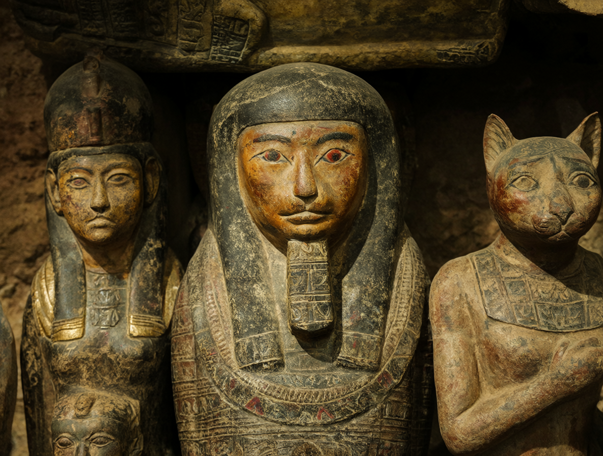 Primer plano de artefactos egipcios antiguos como momias y estatuas.