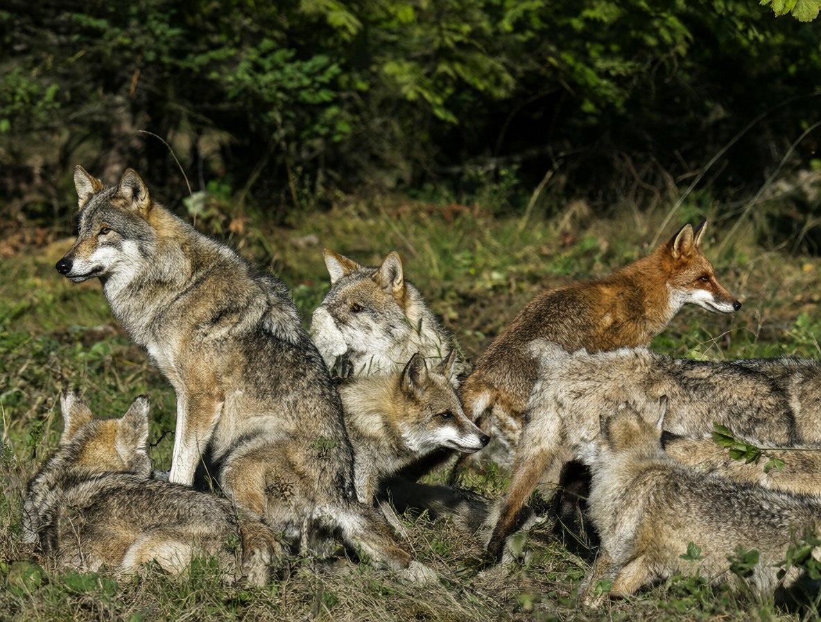 Comparación visual entre un lobo salvaje, un perro doméstico y un zorro. El lobo muestra una estructura de manada social compleja, mientras que el zorro aparece solitario y territorial en su hábitat natural.