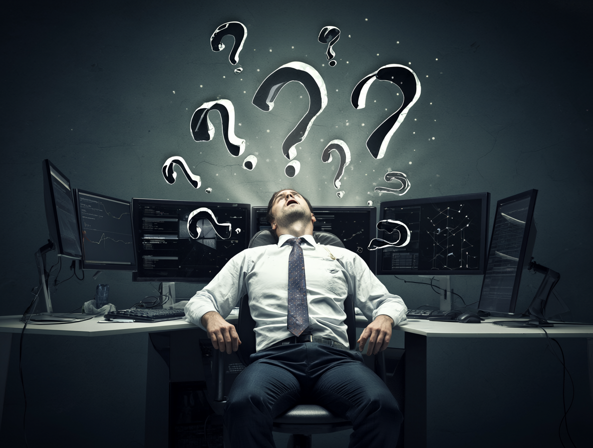Un técnico estresado rodeado de interrogantes flotantes que representan los problemas técnicos y la presión social del soporte.