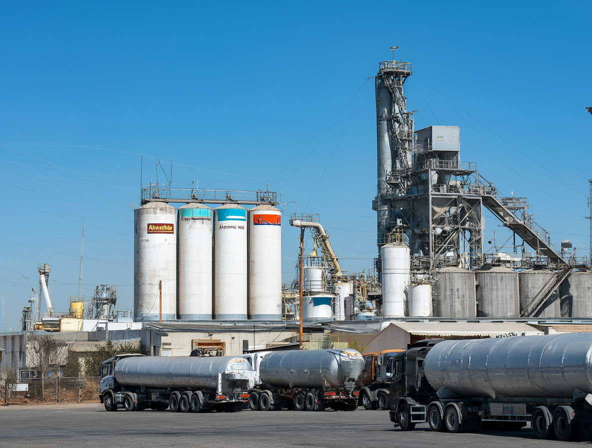 Depósito industrial de gas con camiones de reparto y silos etiquetados con Abastible, Gasco y Lipigas bajo un cielo azul.