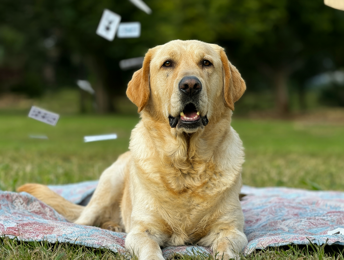 Perro Labrador mirando confundido mientras ocurren trucos mágicos al fondo.