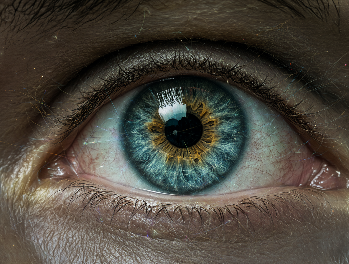 Detalle macro de un ojo humano con elementos abstractos de predicción.