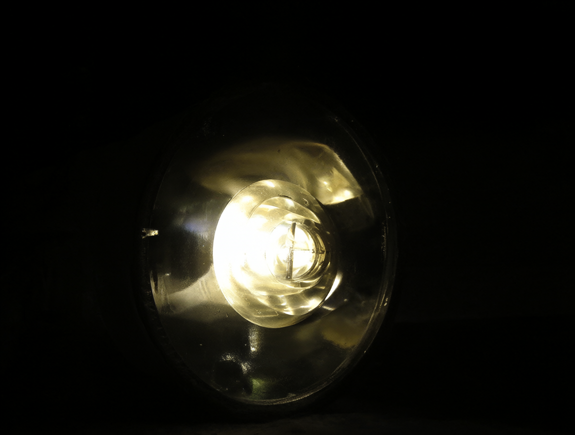 Una linterna antigua iluminando la oscuridad mientras se prueba una pila alcalina.