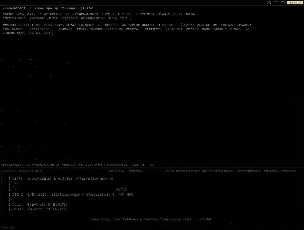 Un primer plano de una ventana de terminal mostrando el código de corte automático de video 'scenedetect -i video.mp4 split-video' en ejecución.